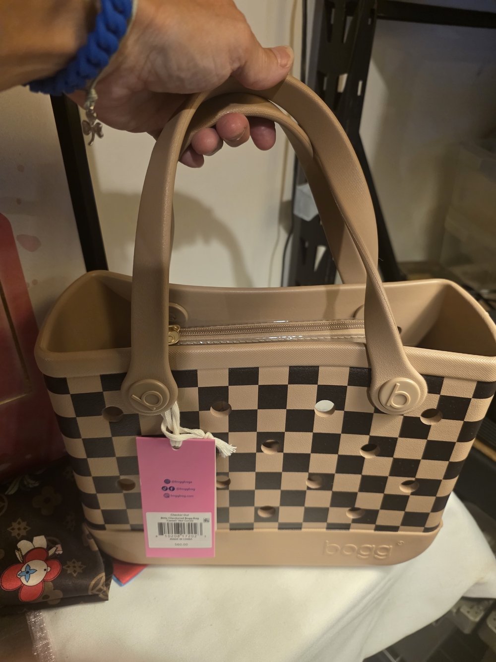 BOGG BAG Pink Tan Checkered Tote with Removable Zipper Pouch